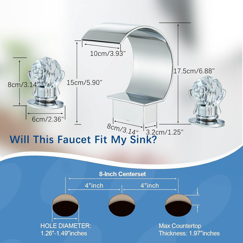 Chrome Bathroom Faucet 3 Holes Dual Crystal Handle Vanity Basin Mixer Tap