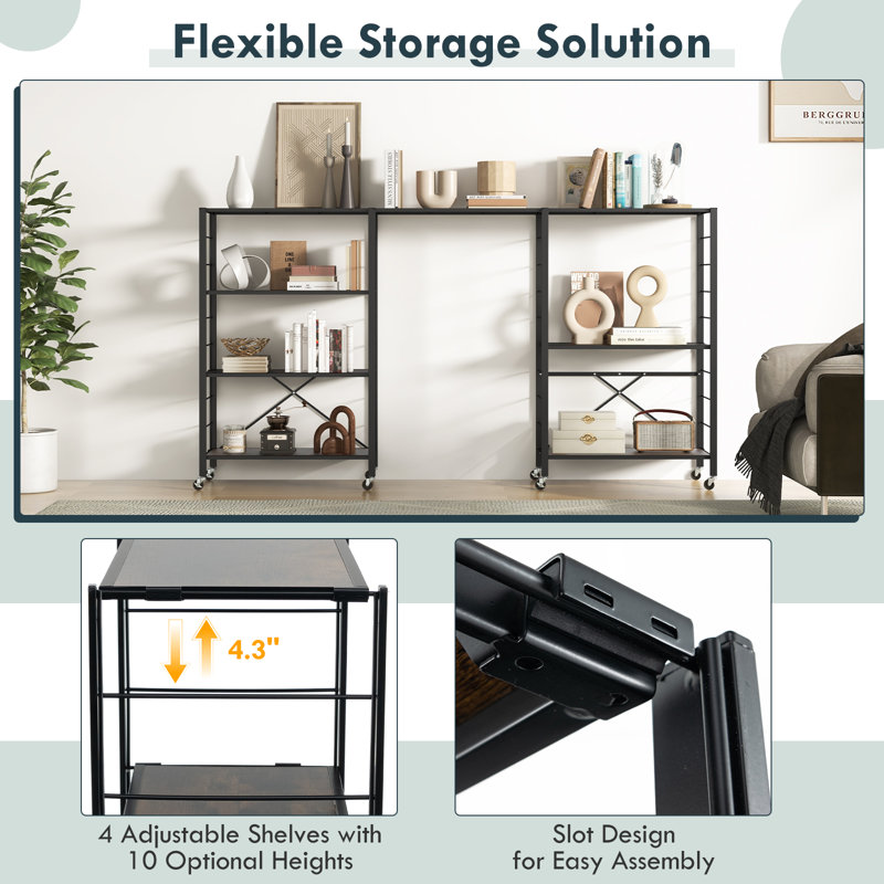 2pcs 4-Tier Foldable Storage Shelf Collapsible Shelving Unit Display w/ Lockable Wheels Storage Rack