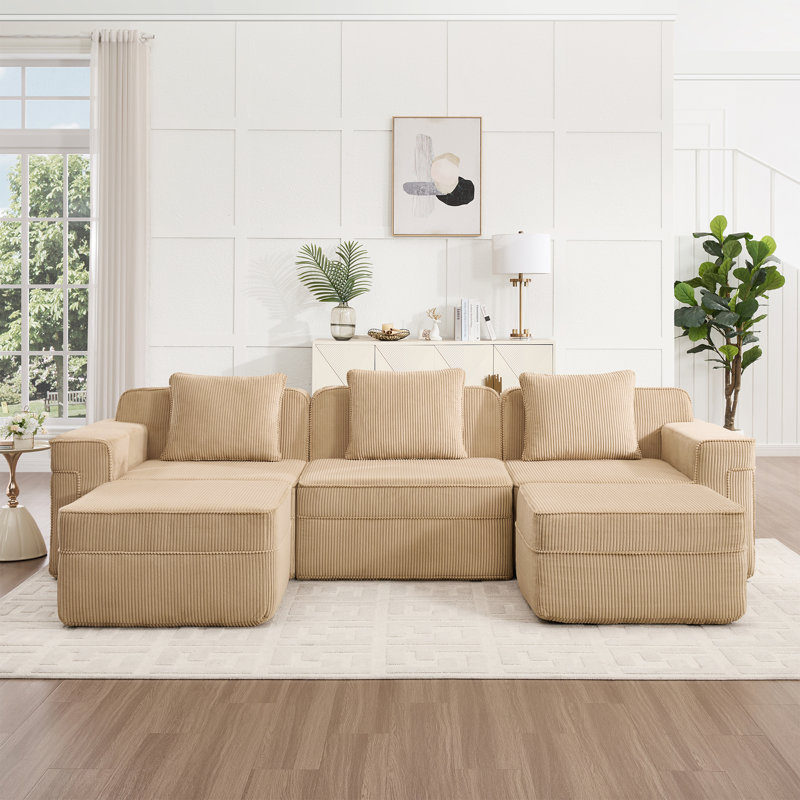 Canapé modulaire modulaire à 3 places en U avec assise profonde, confort en forme de nuage, coussins décoratifs et 2 repose-pieds mobiles pour la détente en famille