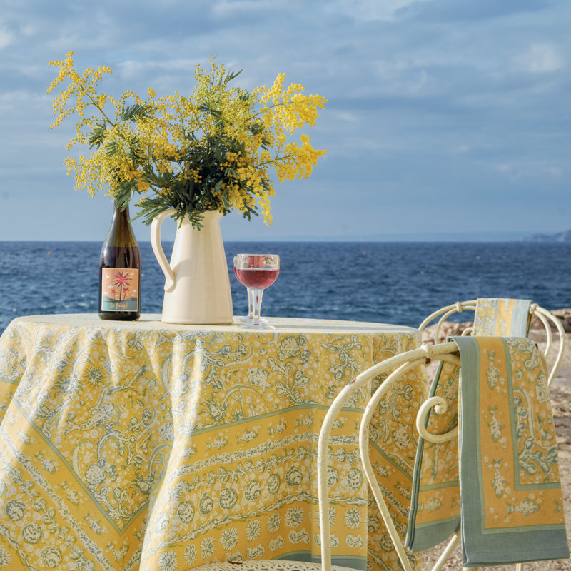 La Mer Handmade Floral Tablecloth, 90" Square, Yellow/Teal