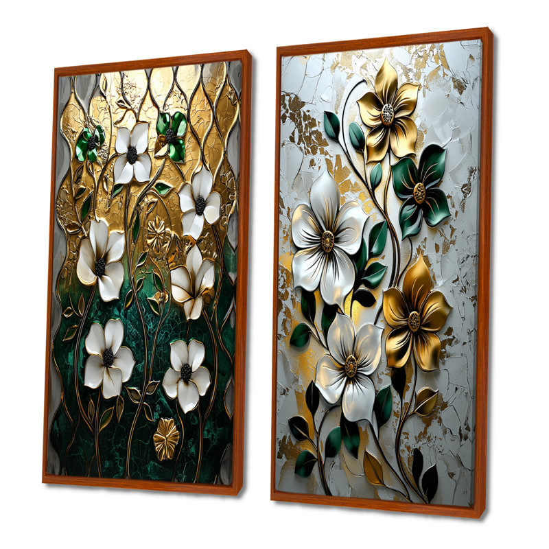 «Green and Moroccan Floral Tiles III», ensemble d'art mural marocain 2 pièces, H 28 po x l 24 po, Cadre flottant brun