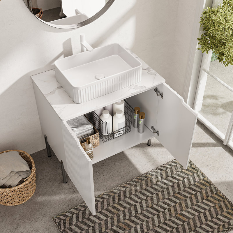 Meuble-lavabo autoportant avec lavabo 30 po avec 2 portes, lavabo en céramique blanc et comptoir blanc Carrara, Blanc