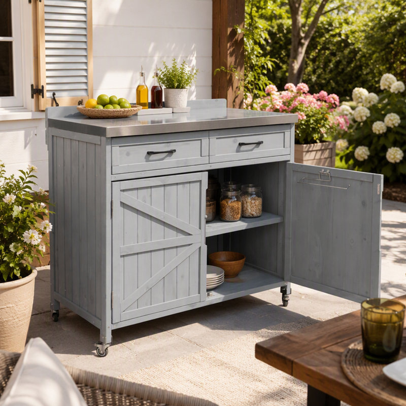 Îlot de cuisine extérieure avec plateau en acier inoxydable, armoire de rangement, tablettes réglables et 4 roues pour la préparation des pizzas.