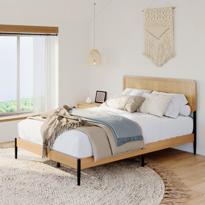 Rattan Platform Bed Frame, Boho Woven Headboard, Heavy Duty Wood Slat Support, No Box Spring Needed, Under Bed Storage, Full