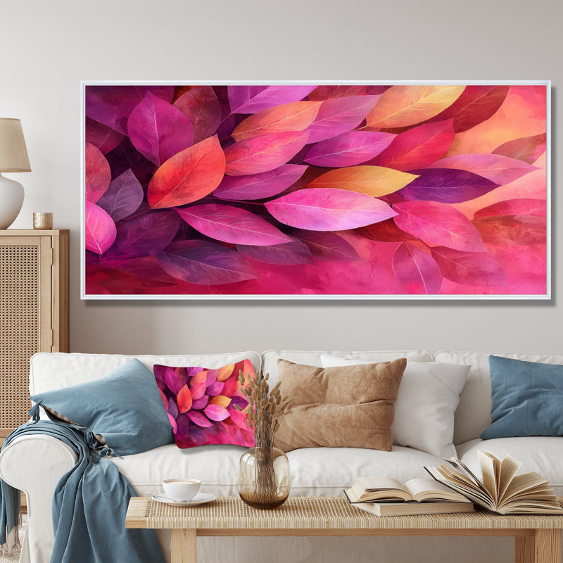 Jacquitta, feuilles magenta Blosoom I - feuilles, art mural, H 28 po x l 60 po, Impression encadrée flottante, Blanc