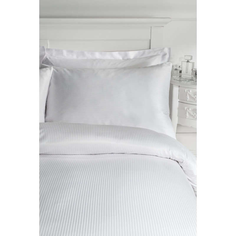 Satin Stripe 300 Thread Count Duvet Cover Set with Pillowcases, King Duvet Cover + 2 Standard Pillowcases, White