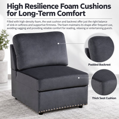 Fauteuil modulaire sans accoudoirs en velours, siège de canapé individuel rembourré avec garniture rivetée, fauteuil d'appoint moelleux à coussin épais pour canapé d'angle modulaire, salon, espace détente intérieur