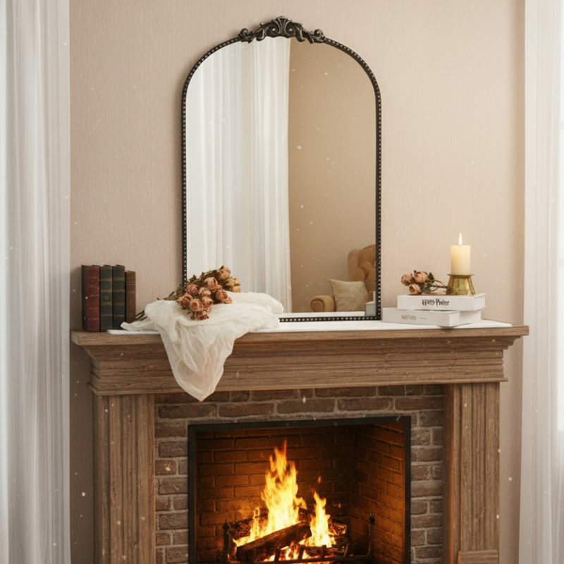 Arched Metal Mirror With Ornate Frame, Vintage Wall Mirror For Living Room, Entryway, Bedroom Decor