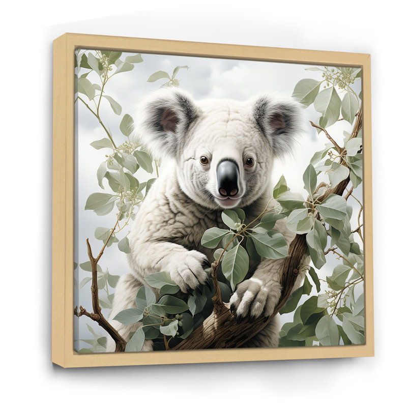 Eucalyptus Tree Loving Koala 1 - Koala Animal Wall Art, Brown Floater Framed, 36" H x 36" W x 1.5" D
