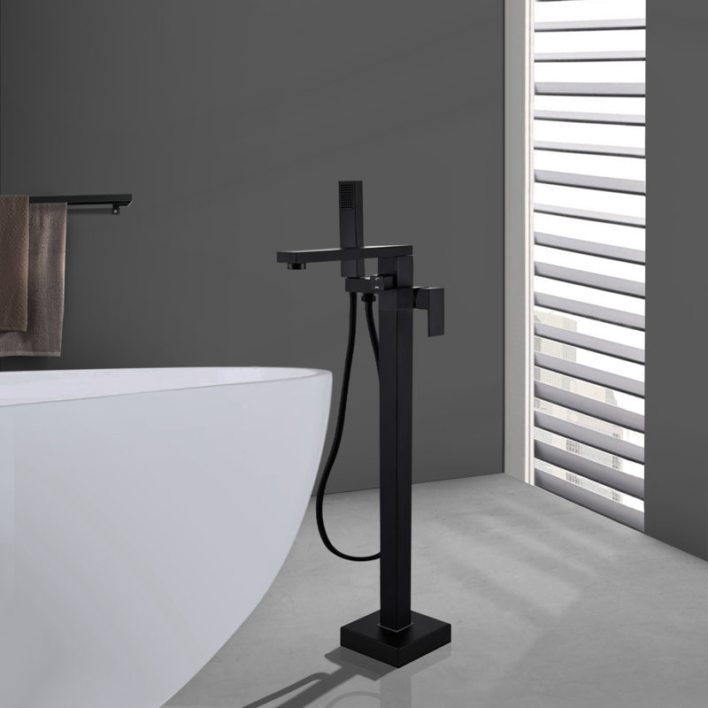 Robinet de baignoire autoportant à poignée simple 90 degrés avec pomme de douche à main, Noir mat