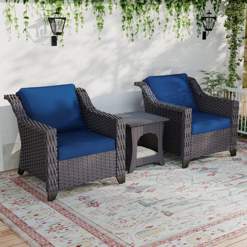 3-Piece Outdoor Wicker Conversation Set with Storage Side Table & Plush Cushions, Blue
