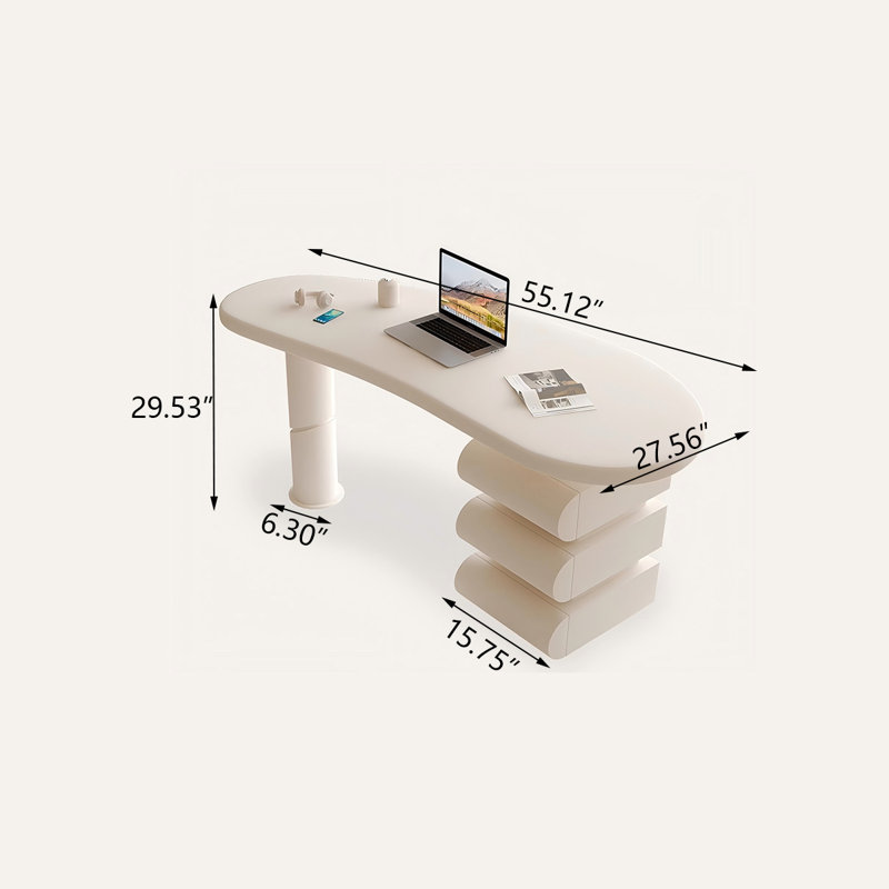 Bureau d'écriture en bois courbé blanc crème, 3 tiroirs, H 29,53 po x l 55,12 po x P 27,56 po