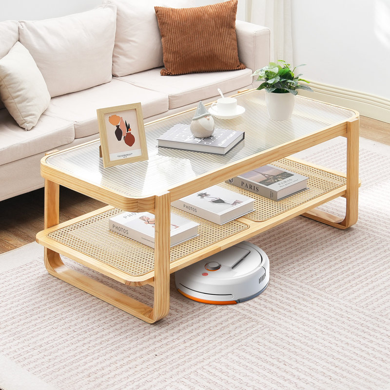 Table basse en rotin, table basse de rangement moderne bohème de 114 cm avec pieds en bois naturel, table basse rectangulaire en rotin tressé et bois avec plateau en verre trempé, idéale pour la chambre et les petits espaces, conçue pour le salon.