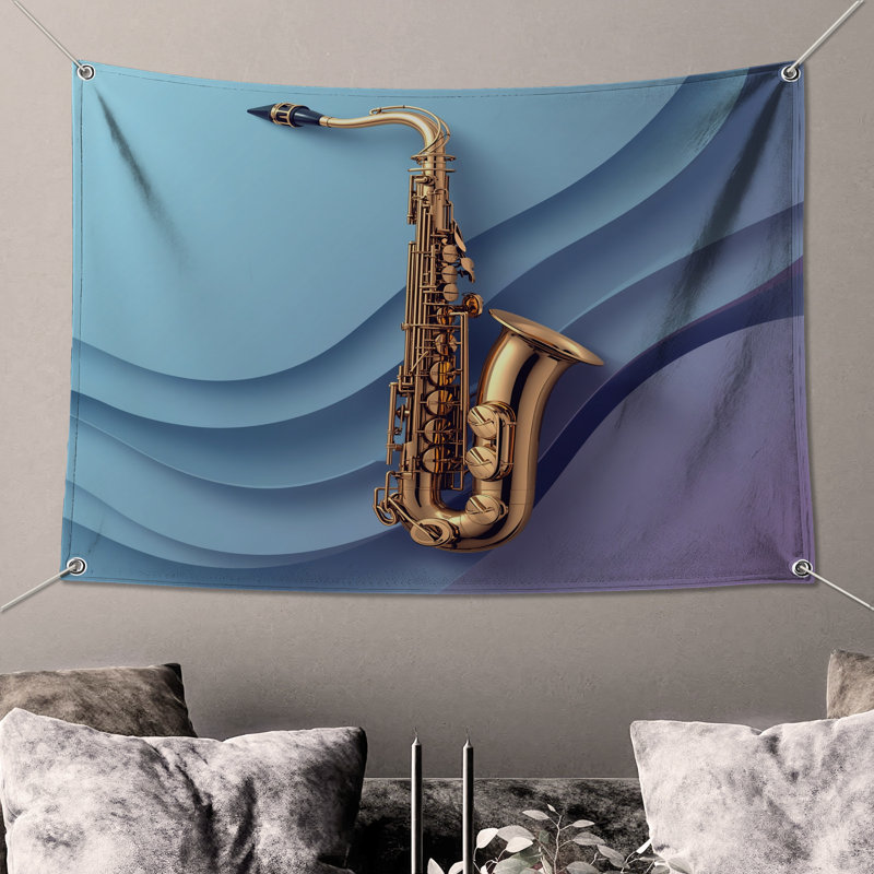 Tapisserie murale or saxophone sur vagues - Décoration murale saxophone, H 68 po x l 80 po avec 4 œillets