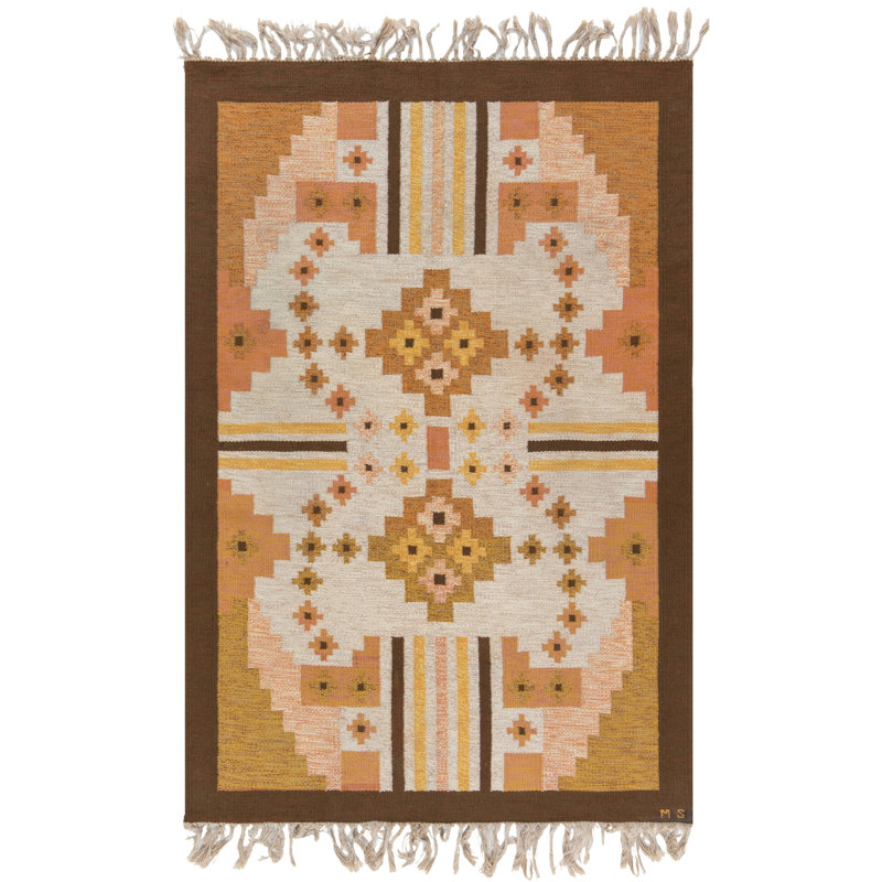 Tapis suédois rétro tissé à plat 5 pi 5 po x 8 pi 3 po par Mary Sanberg