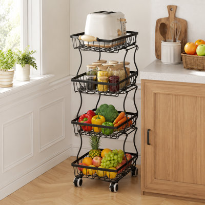 Black Stackable 4-Tier Metal Wire Basket Stand, Rolling Fruit and Vegetable Organizer for Kitchen Pantry, Holds Snacks, Jars, Cans, and Produce Containers