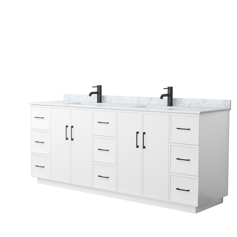 Ensemble de meuble-lavabo double autoportant 84 po avec plateau en marbre Elan TK, Blanc, Noir mat