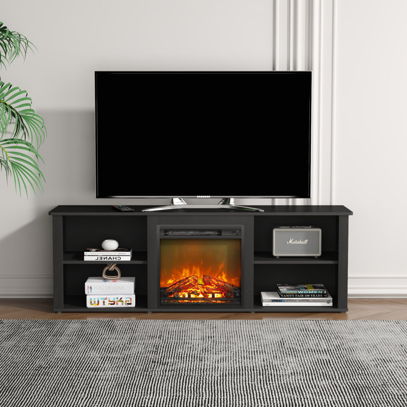 Meuble télé 63 po avec chaufferette électrique 18,1 po, pour téléviseur de 75 po ou moins, 4 armoires grillagées à dossier ouvert