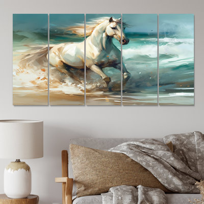 Cheval sur la plage II - animaux, reproduction sur toile - 5 panneaux égaux