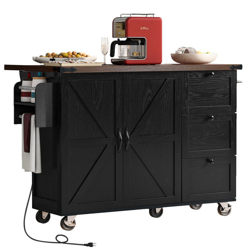 54.5" Farmhouse Kitchen Island With Power Outlet, Kitchen Storage Island  With Internal Storage Rack, Drop Leaf, Spice Rack, Rolling Kitchen Cart On Wheels, For Home, Kitchen And Dining Room,Black