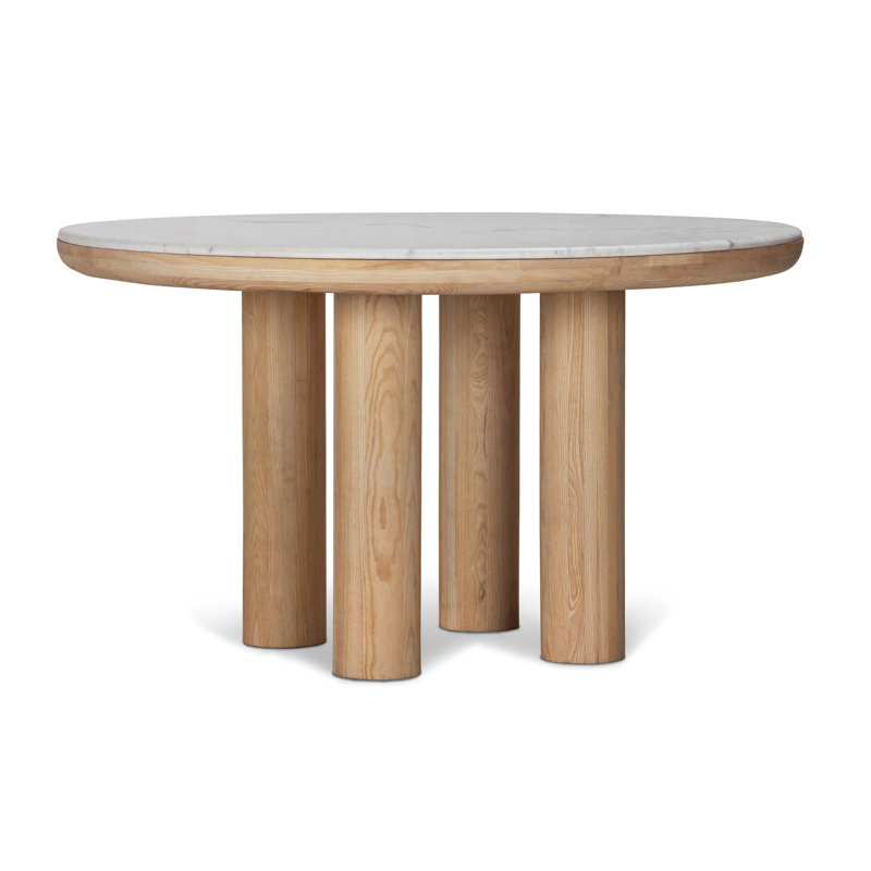 Round White Marble Top Dining Table with Solid Wood Base