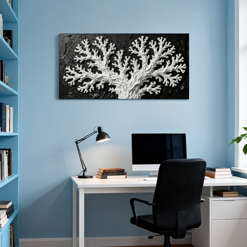 Fashion White Coral Tree On Black Background, 16" H x 32" W