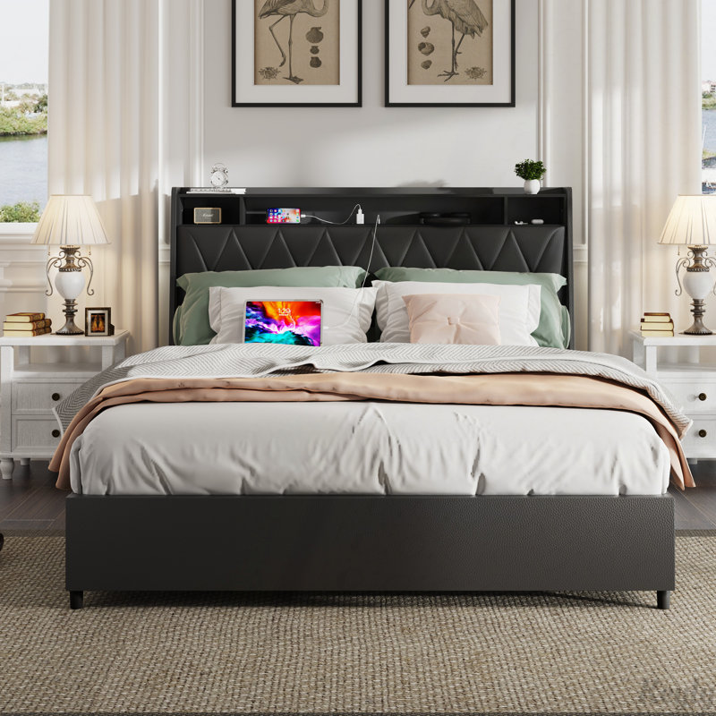 Base de lit double, tête de lit ergonomique, plateforme, prises, chargeur, tablette de rangement, Noir