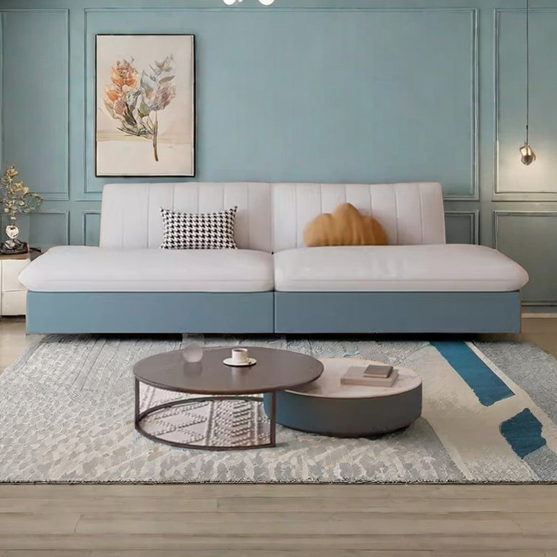 Armless cream French modern minimalist sofa, 32.28" H x 122" W x 35.43" D, 7