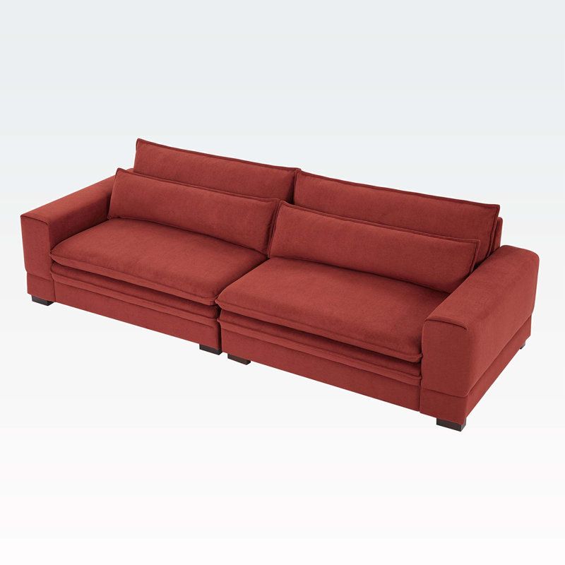 Mid-Century Modern 4-Seater Upholstered Sofa Couch for Living Room Bedroom Apartment and Home Office, Red Fabric