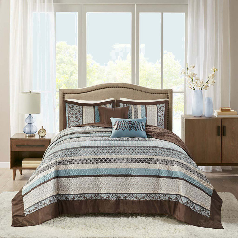 Ensemble 5 pièces jacquard avec coussins décoratifs bleu, Grand couvre-lit + 2 taies décoratives standard