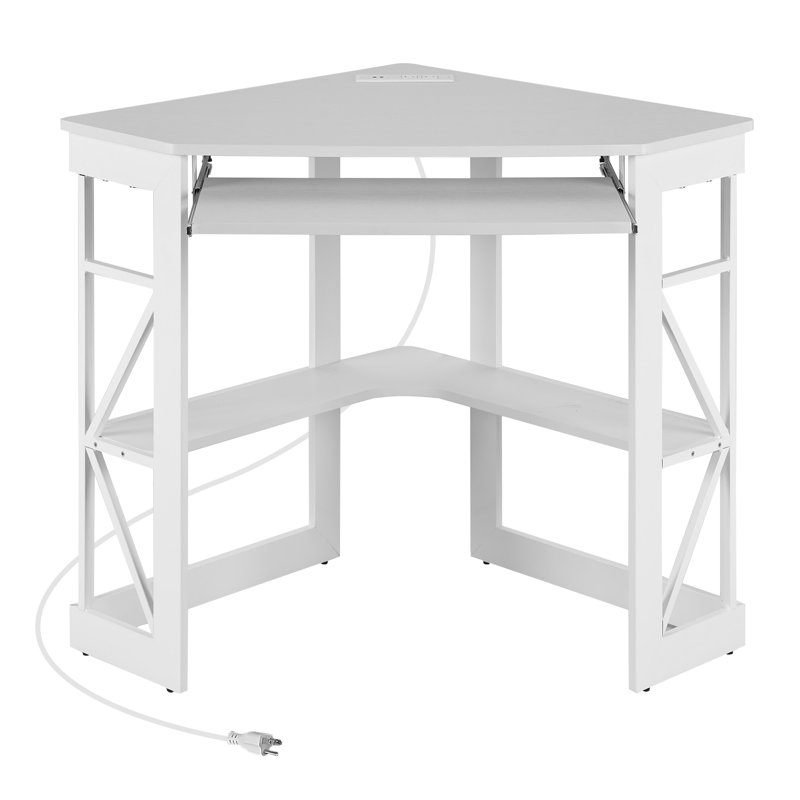 Lambrecht Corner Desk With Outlets & USB Ports, Triangle Computer Desk With Charging Station, Storage Shelf, Space Saving Writing Desk For Small Space