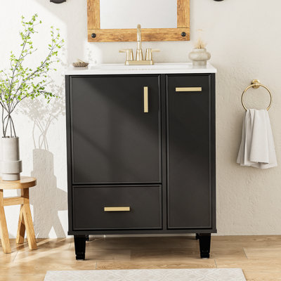 Meuble-lavabo de salle de bain avec lavabo, armoire avec tablette de porte, tiroir profond, panier coulissant, cadre solide et planches de qualité pour un rangement pratique