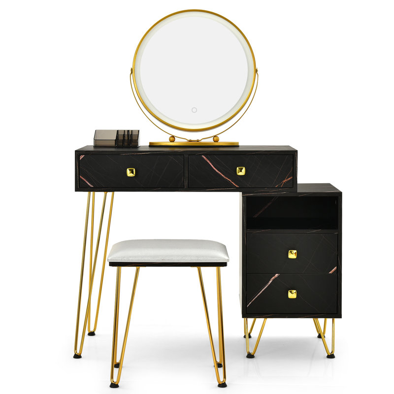 Vanity Table Stool Set with Mirror, Black/Gold