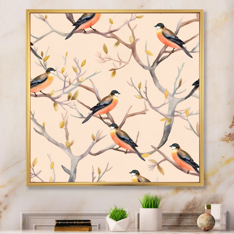 «Little Birds On The Tree Branches», reproduction d'art sur toile encadrée, Cadre flottant doré, H 36 po x l 36 po x P 1,5 po