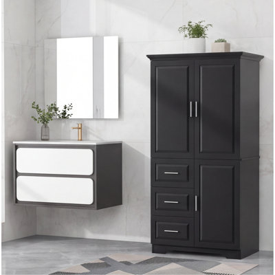 Armoire de rangement haute et large noire avec portes et 3 tiroirs, armoire autoportante en panneau de fibres à densité moyenne pour salle de bain, bureau, garde-manger