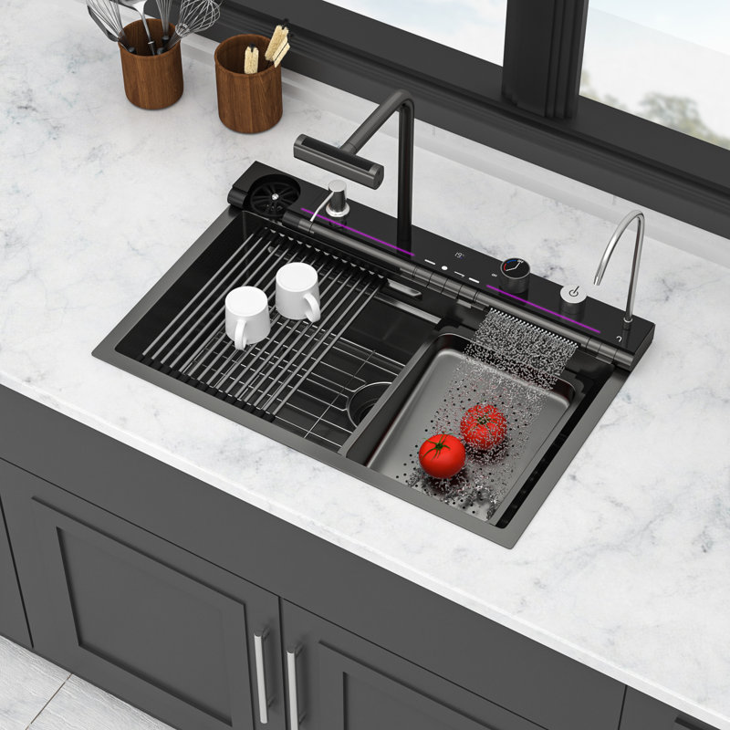 Évier de cuisine multifonctionnel - Évier de poste de travail en acier inoxydable à simple cuve noir avec fonctions numériques intelligentes | Idée de cadeau