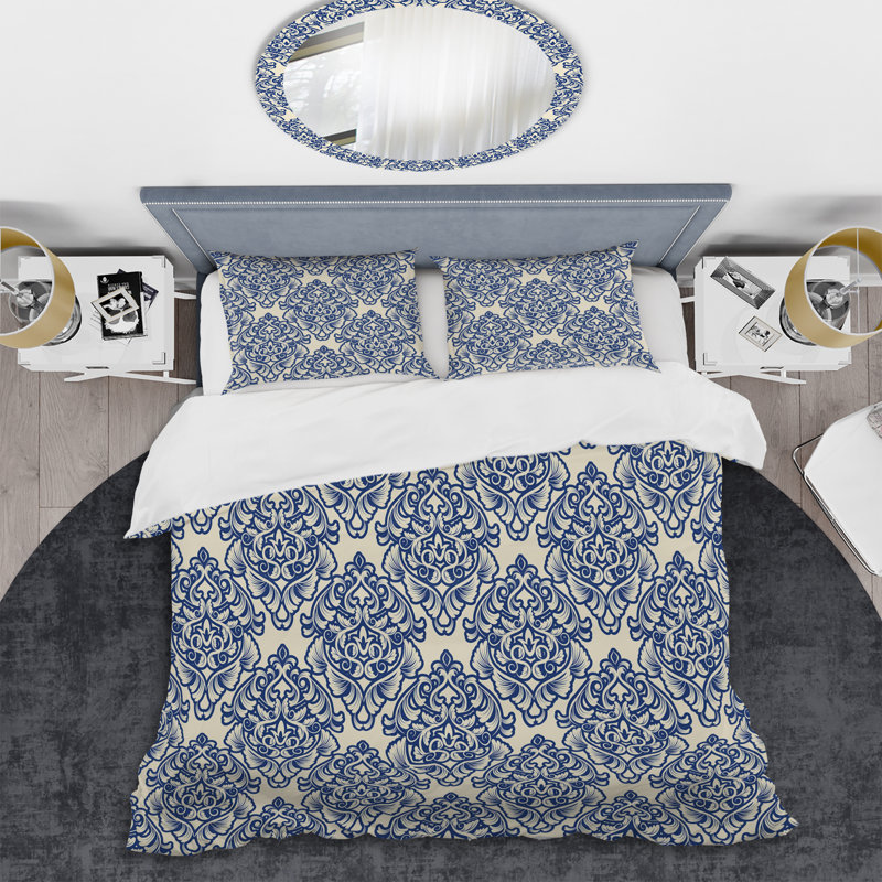 Blue Damask - Abstract Duvet Cover Set - Microfiber Polyester, Twin Duvet Cover + 1 Standard Sham