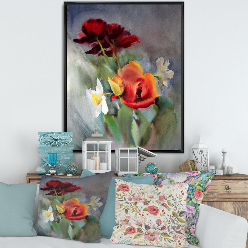 «Blossoming Vibrant Wildflowers», peinture sur toile, H 32 po x l 16 po x P 1 po, Toile avec cadre noir