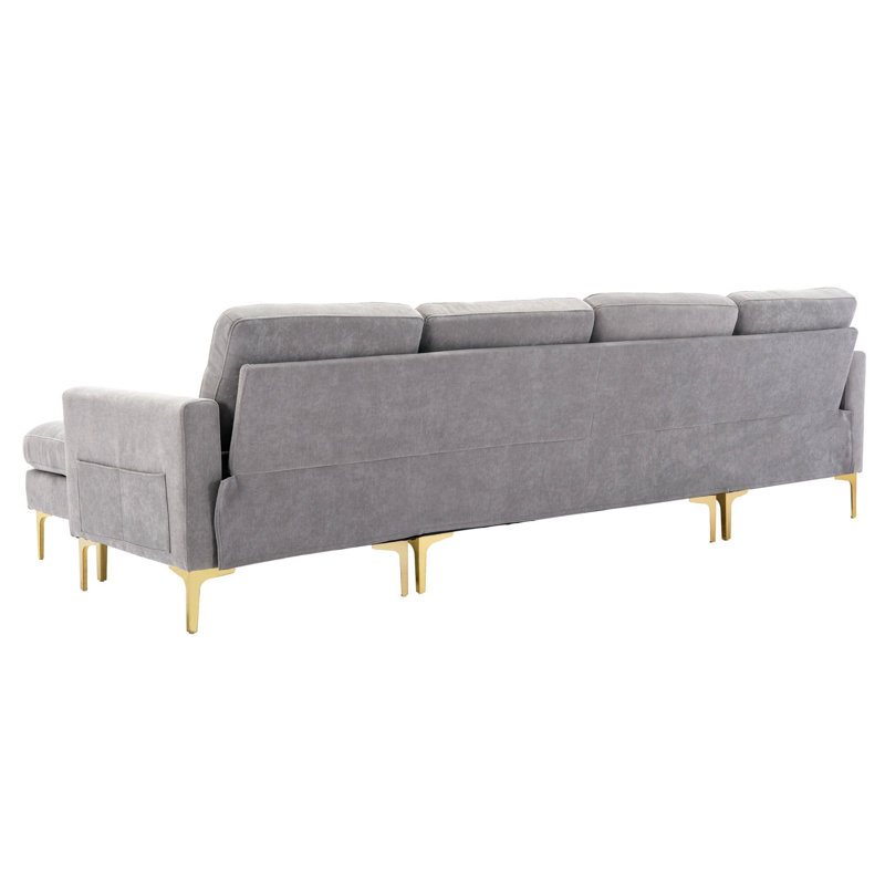 Jiuliana Upholstered Sectional Reversible, Light Gray Velvet, Gold