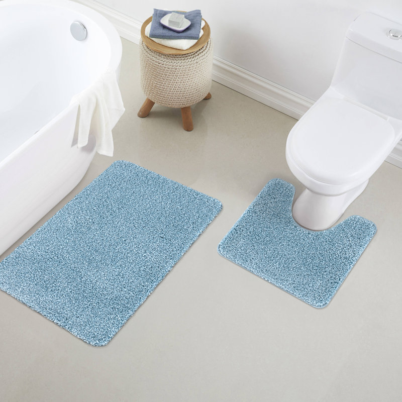 2 Piece Alya Small Bath Mat Ultra Soft Bathroom Rug Anti Slip Toilet Rug Pedestal Mat Set, Aqua, 80cm L x 50cm W