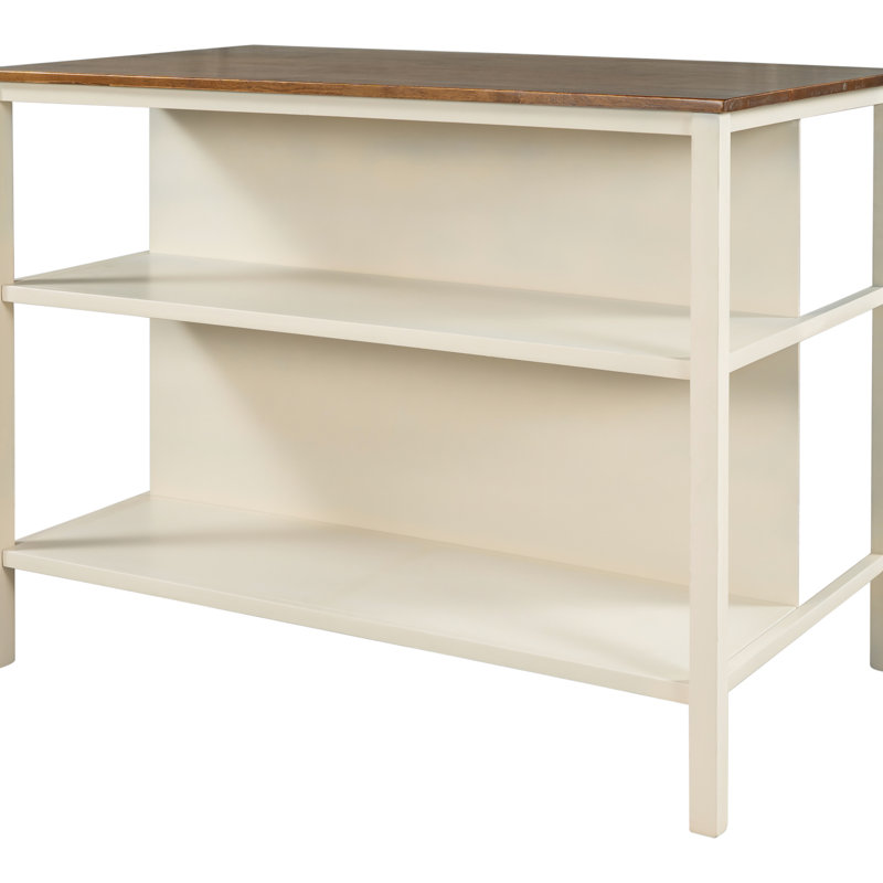 Rustic 45" Kitchen Island With Solid Wood Top - Walnut Tabletop And Cream White Base 2 Open Shelves Butcher Block Dining For Small Areas
