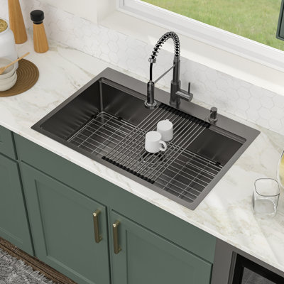 36-inch L Workstation Drop-In Single Bowl Stainless Steel Gunmetal Black Kitchen Sink with Faucet and Accessories