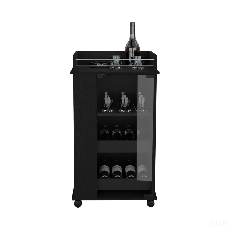 Bar Cart With Glass Door, 2-Side Shelves And Casters, Black