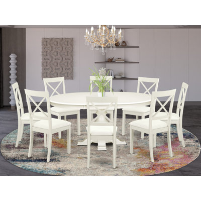 L'ensemble de table de cuisine 9 pièces comprend une table de salle à manger avec un plateau rond et 8 chaises de cuisine en similicuir avec dossier en X, blanc lin