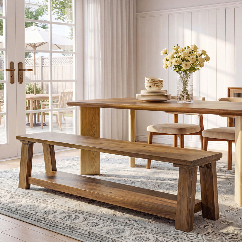 Banc de salle à manger 70,87 po en bois massif avec tablette de rangement pour salle à manger