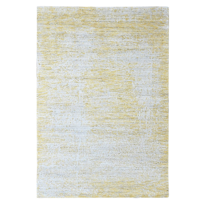 Tapis oriental 6 pi x 9 pi jaune Macaroon, velours texturé, tissé à la main, soie à base de laine et de plantes, design moderne