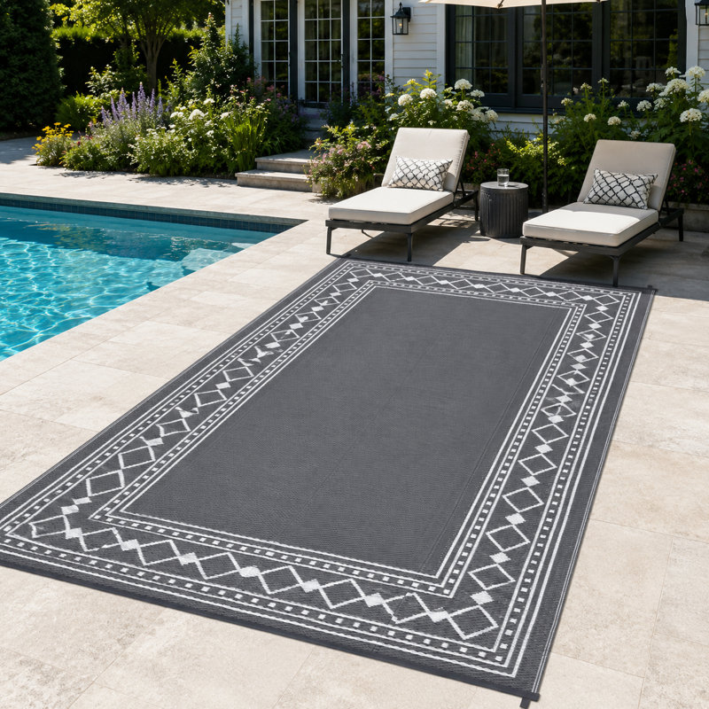 Geometry Large Plastic Rug for Camping, Porch, RV, Reversible, Waterproof, Gray, Rectangle 8' x 10'