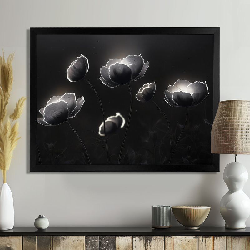 Fleurs blanches et noires, lune éclipsée - Tableau abstrait encadré, H 16 po x l 32 po, Black Picture Framed