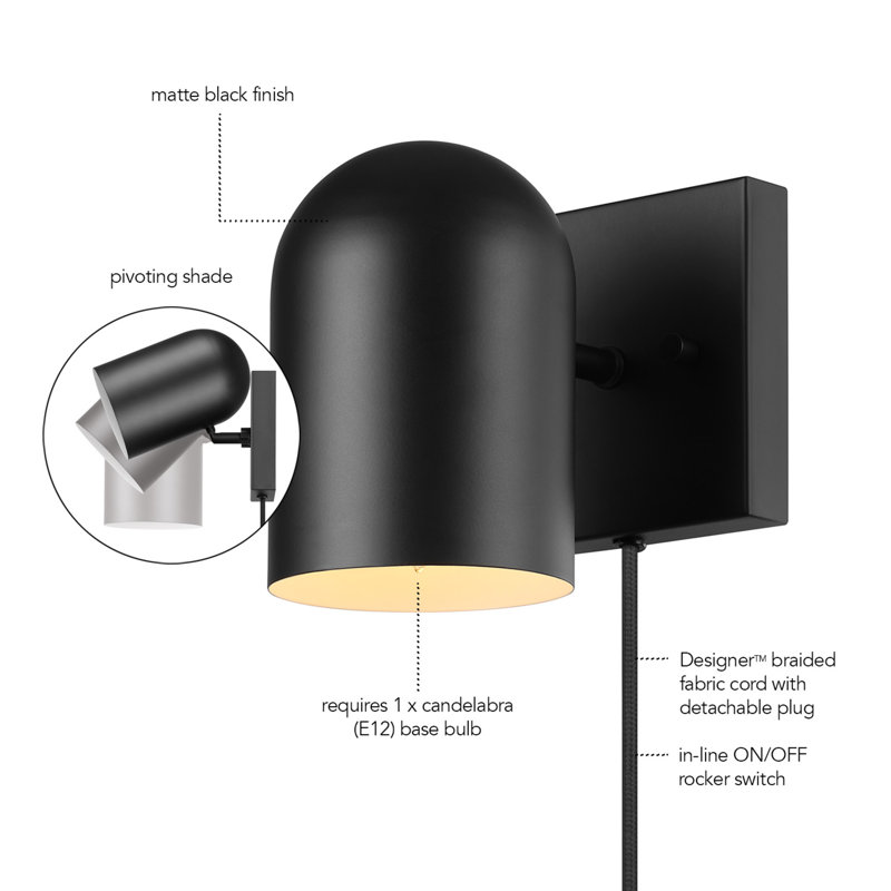 1-Light Matte Black Plug-In Or Hardwire Wall Sconce