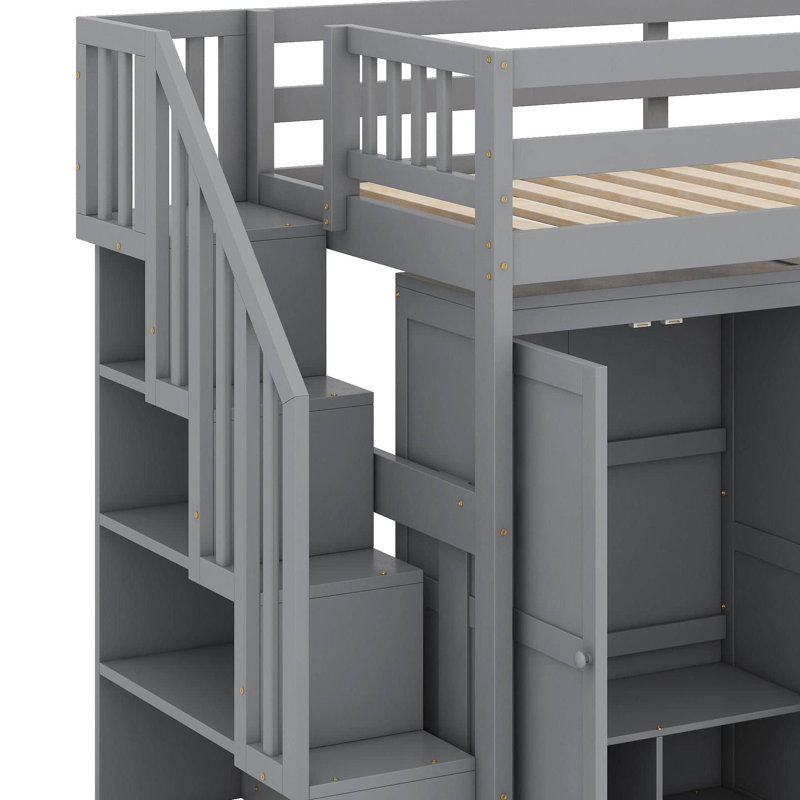 Lit mezzanine simple avec escalier, tiroirs, bibliothèque, bureau et garde-robe